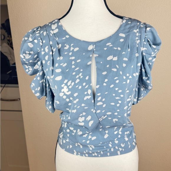 Blouse top Blue and White Ruched Flutter Sleeve Blouse - Picture 1 of 12
